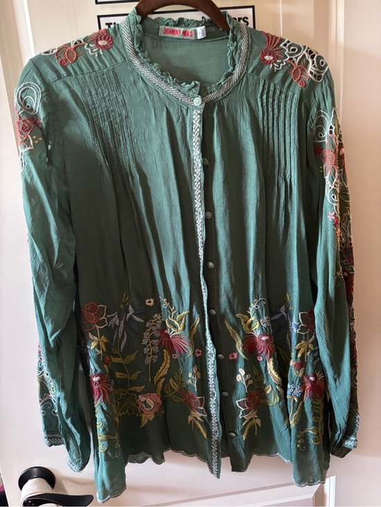Johnny Was Tops - Johnny Was Green Embroidered Button-Front Blouse